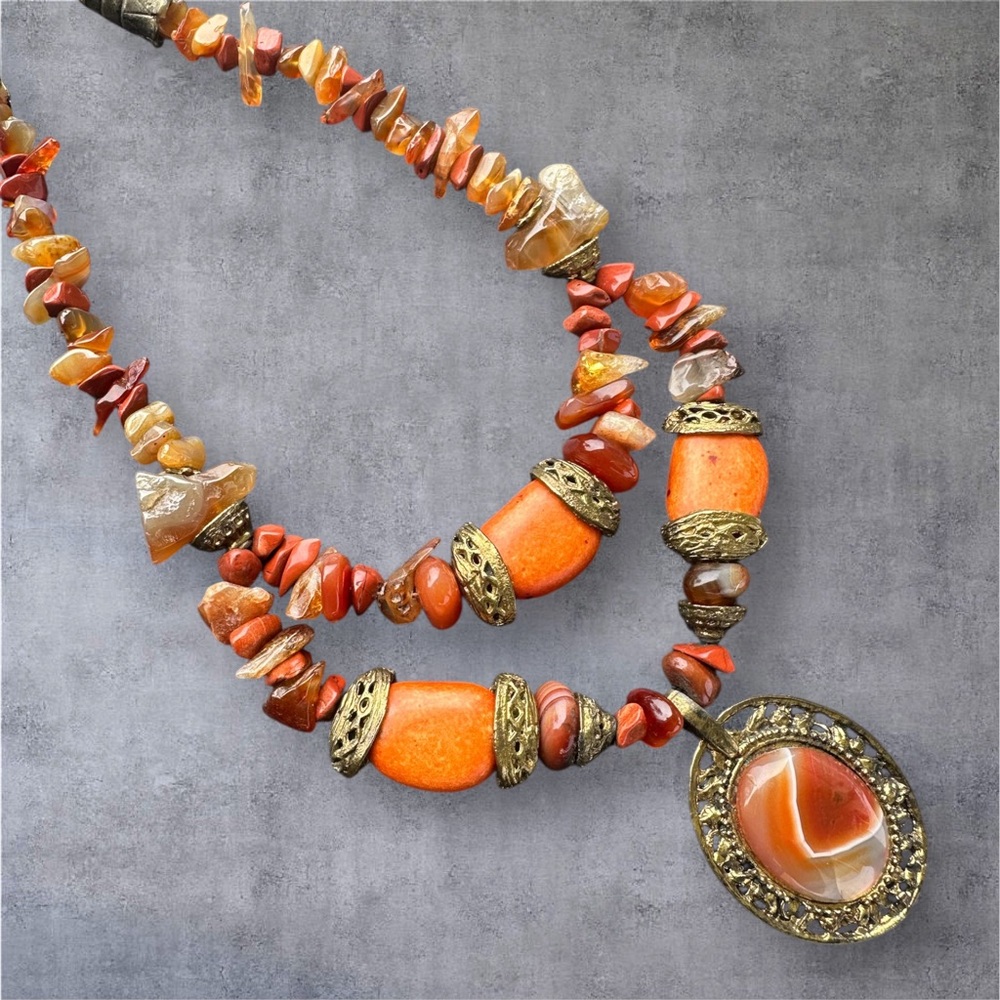 Natural Stone Statement Necklace 18”